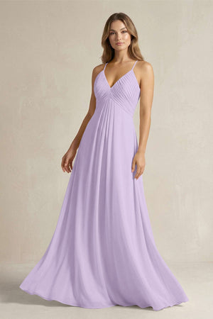 Cami Strap A - Line Chiffon Pleated Bridesmaid Dress in Lavender - KissProm Bridesmaid Dresses