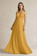 Cami Strap A - Line Chiffon Pleated Bridesmaid Dress in Marigold - KissProm Bridesmaid Dresses