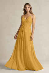 Cami Strap A - Line Chiffon Pleated Bridesmaid Dress in Marigold - KissProm Bridesmaid Dresses
