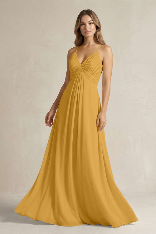 Cami Strap A - Line Chiffon Pleated Bridesmaid Dress in Marigold - KissProm Bridesmaid Dresses