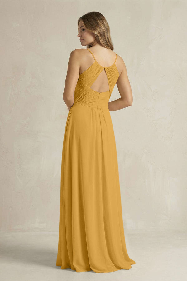 Cami Strap A - Line Chiffon Pleated Bridesmaid Dress in Marigold - KissProm Bridesmaid Dresses