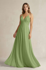 Cami Strap A - Line Chiffon Pleated Bridesmaid Dress in Matcha - KissProm Bridesmaid Dresses