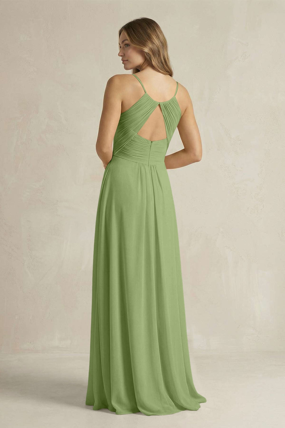 Cami Strap A - Line Chiffon Pleated Bridesmaid Dress in Matcha - KissProm Bridesmaid Dresses