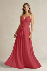 Cami Strap A - Line Chiffon Pleated Bridesmaid Dress in Merlot - KissProm Bridesmaid Dresses