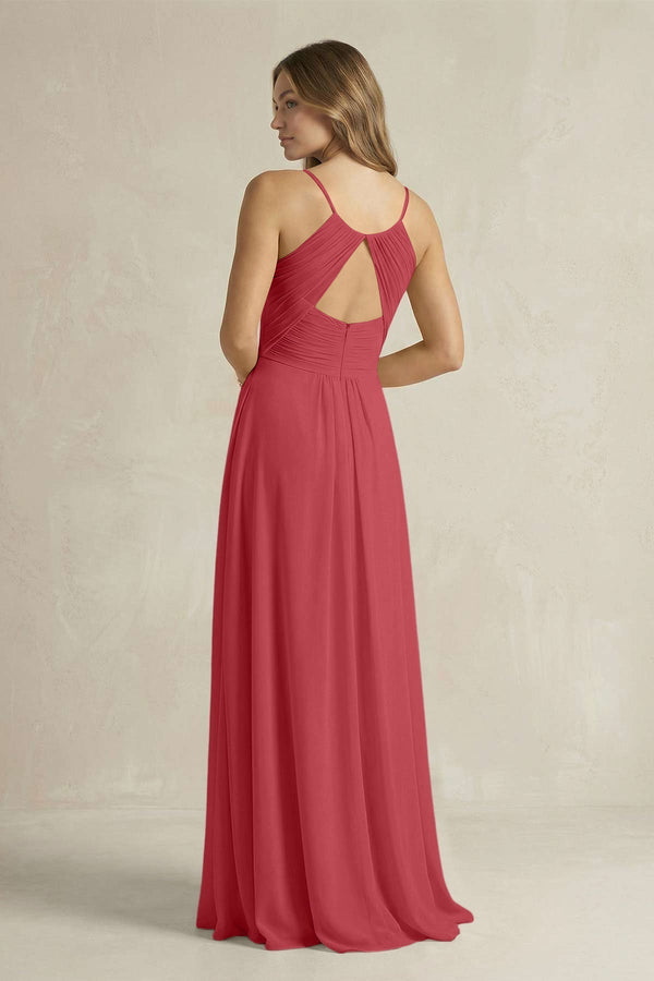 Cami Strap A - Line Chiffon Pleated Bridesmaid Dress in Merlot - KissProm Bridesmaid Dresses
