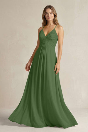 Cami Strap A - Line Chiffon Pleated Bridesmaid Dress in Moss - KissProm Bridesmaid Dresses