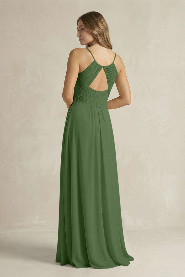 Cami Strap A - Line Chiffon Pleated Bridesmaid Dress in Moss - KissProm Bridesmaid Dresses