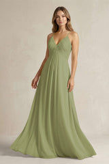 Cami Strap A - Line Chiffon Pleated Bridesmaid Dress in Moss Green - KissProm Bridesmaid Dresses