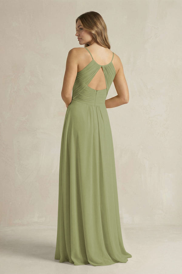 Cami Strap A - Line Chiffon Pleated Bridesmaid Dress in Moss Green - KissProm Bridesmaid Dresses