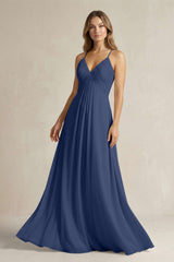 Cami Strap A - Line Chiffon Pleated Bridesmaid Dress in Navy - KissProm Bridesmaid Dresses