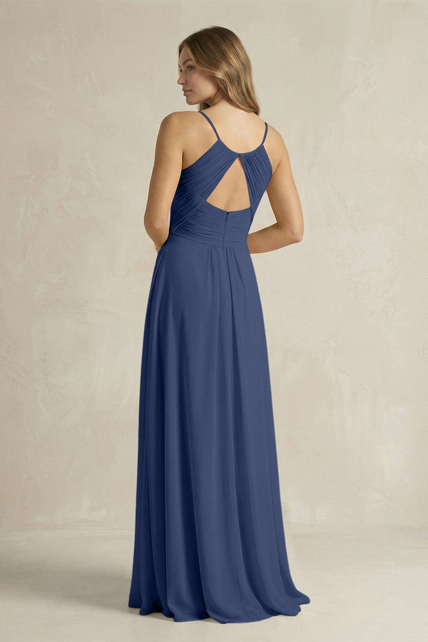 Cami Strap A - Line Chiffon Pleated Bridesmaid Dress in Navy - KissProm Bridesmaid Dresses