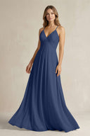 Cami Strap A - Line Chiffon Pleated Bridesmaid Dress in Navy - KissProm Bridesmaid Dresses
