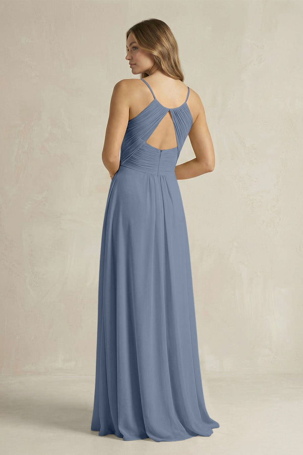 Cami Strap A - Line Chiffon Pleated Bridesmaid Dress in Neptune - KissProm Bridesmaid Dresses