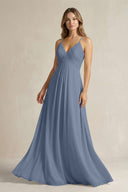 Cami Strap A - Line Chiffon Pleated Bridesmaid Dress in Neptune - KissProm Bridesmaid Dresses