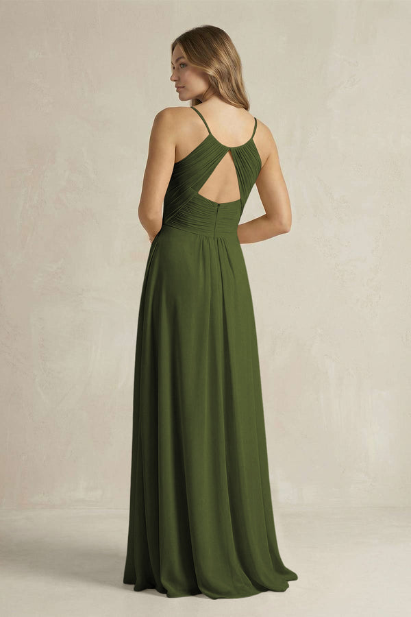 Cami Strap A - Line Chiffon Pleated Bridesmaid Dress in Olive - KissProm Bridesmaid Dresses