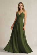 Cami Strap A - Line Chiffon Pleated Bridesmaid Dress in Olive - KissProm Bridesmaid Dresses