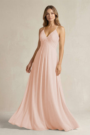 Cami Strap A - Line Chiffon Pleated Bridesmaid Dress in Pale Blush - KissProm Bridesmaid Dresses