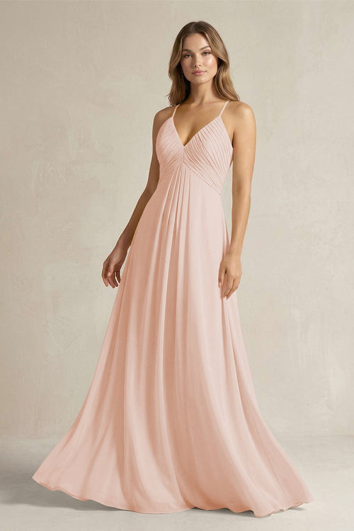 Cami Strap A - Line Chiffon Pleated Bridesmaid Dress in Pale Blush - KissProm Bridesmaid Dresses