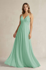 Cami Strap A - Line Chiffon Pleated Bridesmaid Dress in Pale Pistachio - KissProm Bridesmaid Dresses