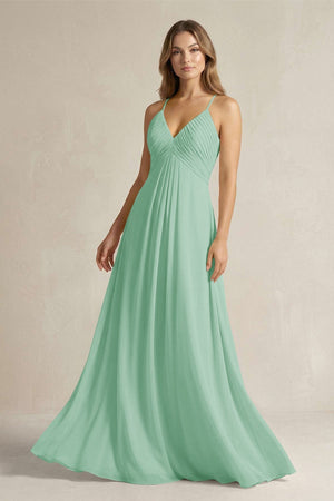 Cami Strap A - Line Chiffon Pleated Bridesmaid Dress in Pale Pistachio - KissProm Bridesmaid Dresses