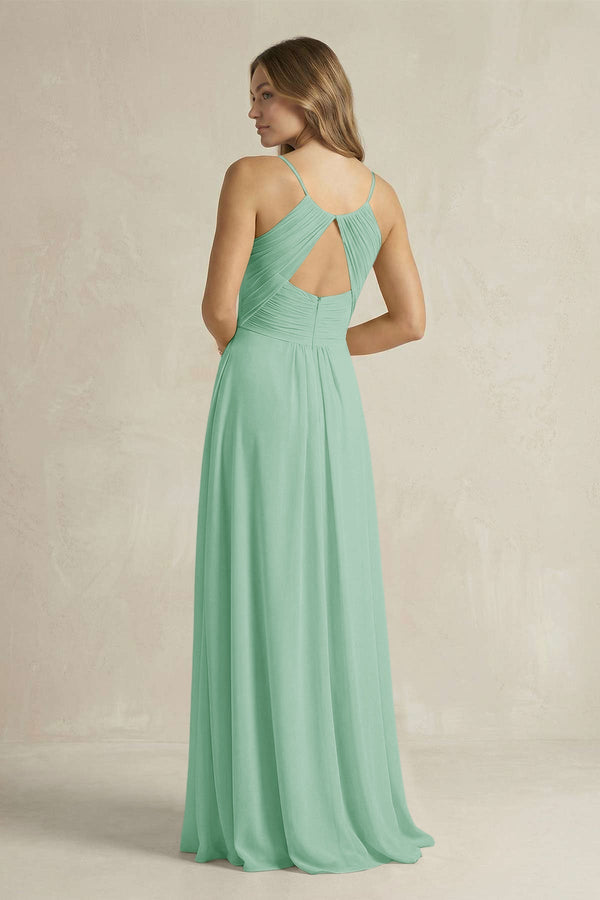Cami Strap A - Line Chiffon Pleated Bridesmaid Dress in Pale Pistachio - KissProm Bridesmaid Dresses