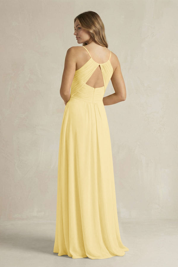 Cami Strap A - Line Chiffon Pleated Bridesmaid Dress in Pastel Yellow - KissProm Bridesmaid Dresses