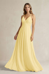 Cami Strap A - Line Chiffon Pleated Bridesmaid Dress in Pastel Yellow - KissProm Bridesmaid Dresses
