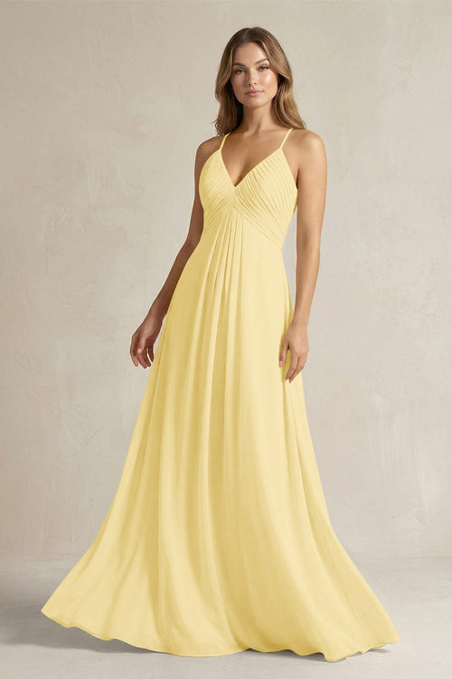 Cami Strap A - Line Chiffon Pleated Bridesmaid Dress in Pastel Yellow - KissProm Bridesmaid Dresses