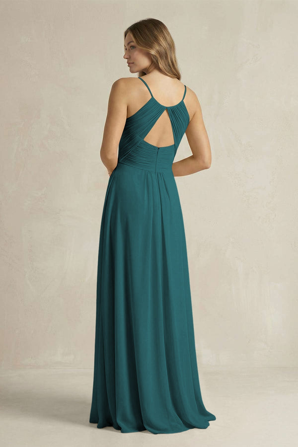 Cami Strap A - Line Chiffon Pleated Bridesmaid Dress in Pine - KissProm Bridesmaid Dresses