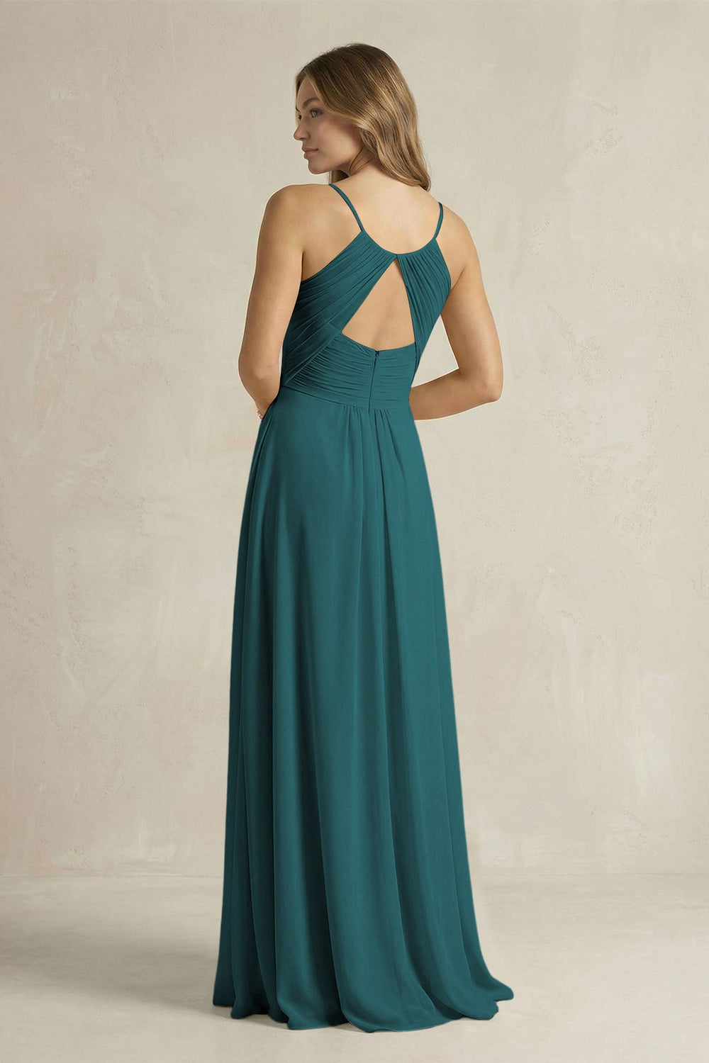 Cami Strap A - Line Chiffon Pleated Bridesmaid Dress in Pine - KissProm Bridesmaid Dresses