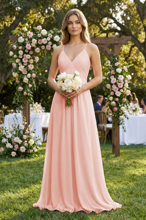 Cami Strap A - Line Chiffon Pleated Bridesmaid Dress in Rose Petal - KissProm Bridesmaid Dresses
