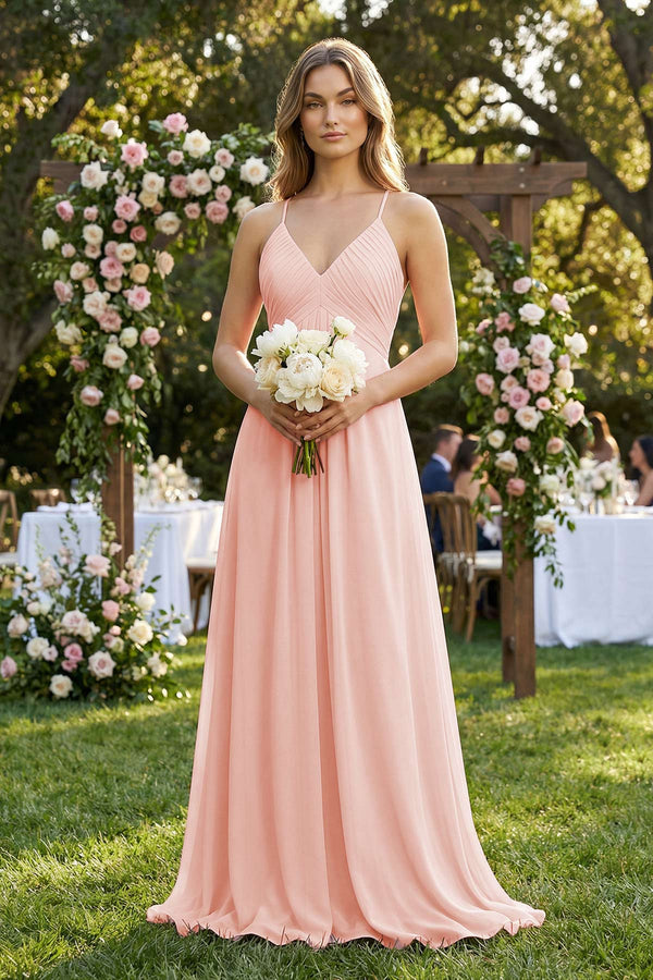 Cami Strap A - Line Chiffon Pleated Bridesmaid Dress in Rose Petal - KissProm Bridesmaid Dresses