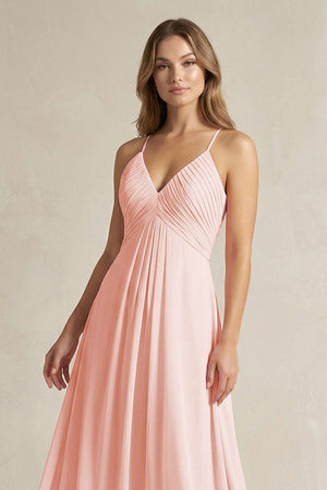 Cami Strap A - Line Chiffon Pleated Bridesmaid Dress in Rose Petal - KissProm Bridesmaid Dresses