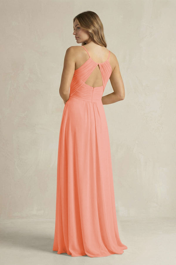 Cami Strap A - Line Chiffon Pleated Bridesmaid Dress in Rosette - KissProm Bridesmaid Dresses