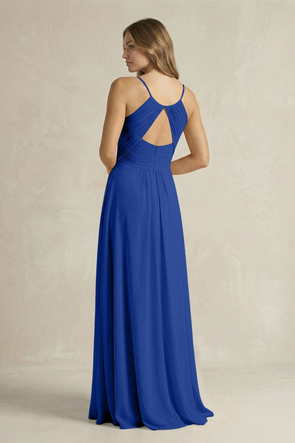 Cami Strap A - Line Chiffon Pleated Bridesmaid Dress in Royal Blue - KissProm Bridesmaid Dresses