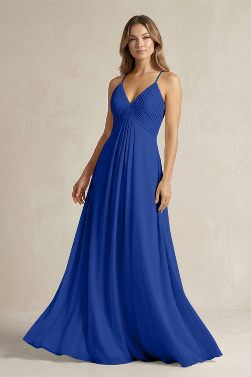 Cami Strap A - Line Chiffon Pleated Bridesmaid Dress in Royal Blue - KissProm Bridesmaid Dresses