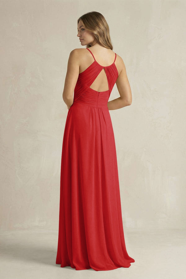 Cami Strap A - Line Chiffon Pleated Bridesmaid Dress in Ruby Red - KissProm Bridesmaid Dresses