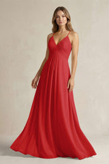 Cami Strap A - Line Chiffon Pleated Bridesmaid Dress in Ruby Red - KissProm Bridesmaid Dresses