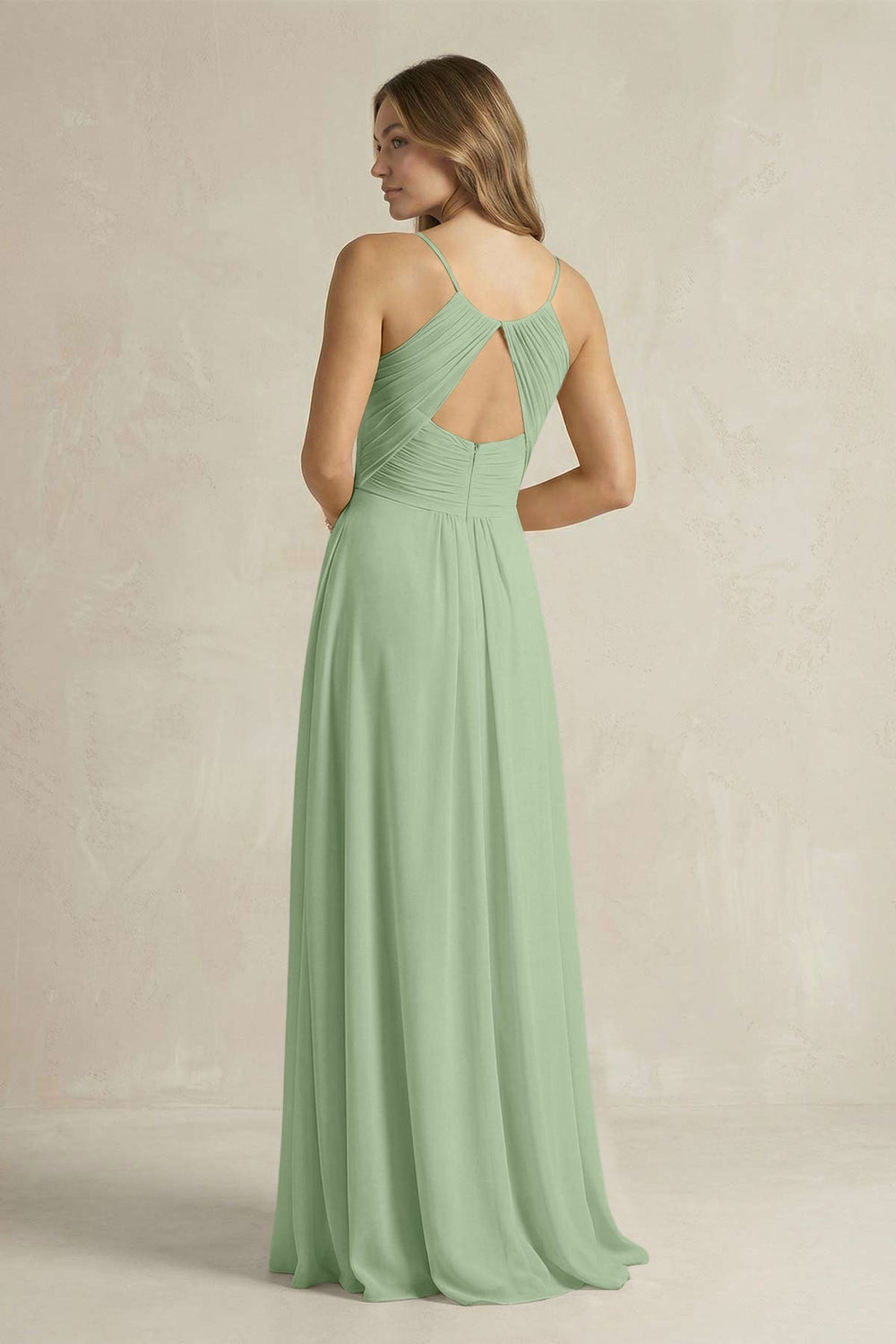Cami Strap A - Line Chiffon Pleated Bridesmaid Dress in Sage - KissProm Bridesmaid Dresses
