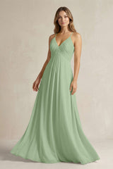 Cami Strap A - Line Chiffon Pleated Bridesmaid Dress in Sage - KissProm Bridesmaid Dresses