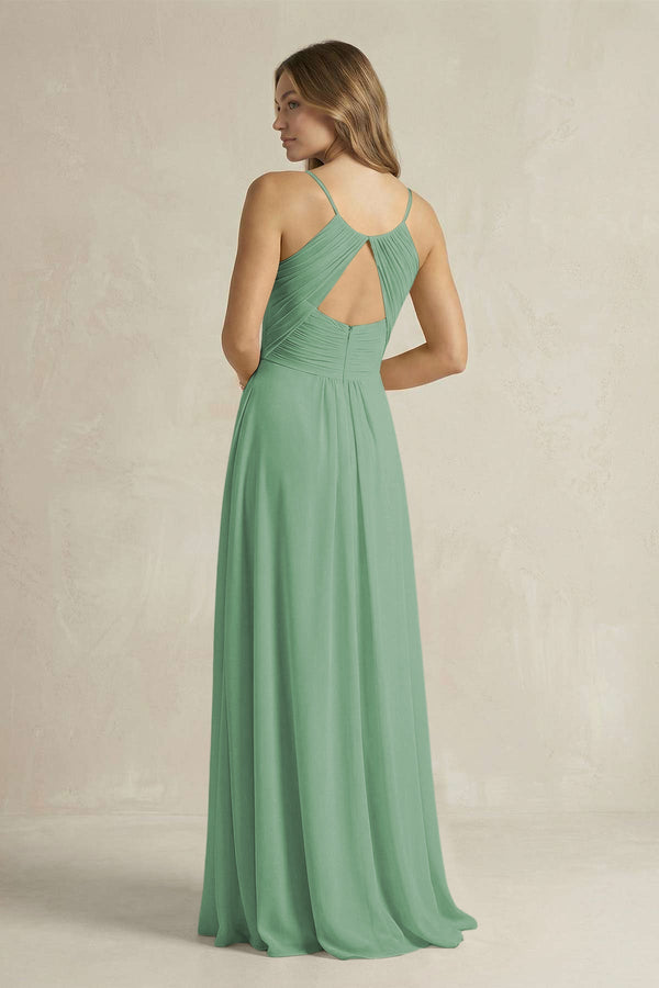 Cami Strap A - Line Chiffon Pleated Bridesmaid Dress in Sea Glass - KissProm Bridesmaid Dresses