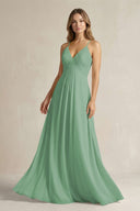 Cami Strap A - Line Chiffon Pleated Bridesmaid Dress in Sea Glass - KissProm Bridesmaid Dresses