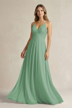 Cami Strap A - Line Chiffon Pleated Bridesmaid Dress in Sea Glass - KissProm Bridesmaid Dresses