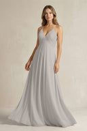 Cami Strap A - Line Chiffon Pleated Bridesmaid Dress in Silver - KissProm Bridesmaid Dresses