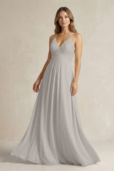 Cami Strap A - Line Chiffon Pleated Bridesmaid Dress in Silver - KissProm Bridesmaid Dresses