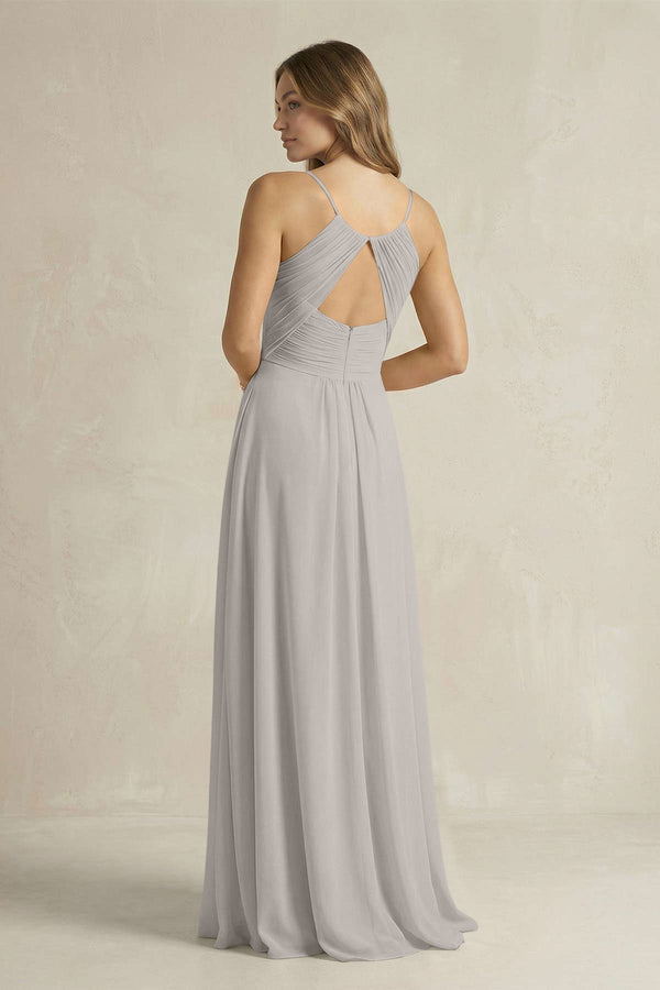 Cami Strap A - Line Chiffon Pleated Bridesmaid Dress in Silver - KissProm Bridesmaid Dresses