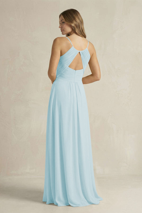 Cami Strap A - Line Chiffon Pleated Bridesmaid Dress in Sky Blue - KissProm Bridesmaid Dresses