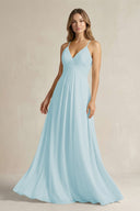 Cami Strap A - Line Chiffon Pleated Bridesmaid Dress in Sky Blue - KissProm Bridesmaid Dresses