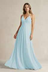 Cami Strap A - Line Chiffon Pleated Bridesmaid Dress in Sky Blue - KissProm Bridesmaid Dresses