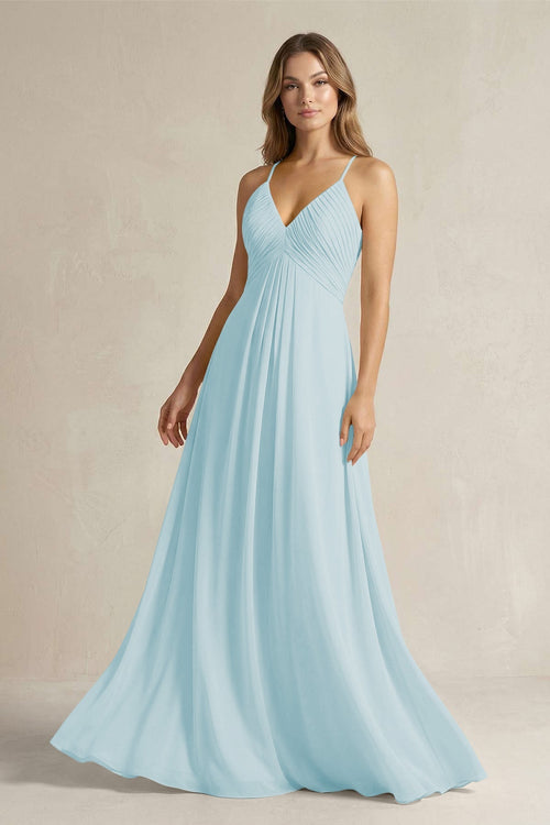 Cami Strap A - Line Chiffon Pleated Bridesmaid Dress in Sky Blue - KissProm Bridesmaid Dresses